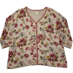 CJ Banks Womens 1X Blouse Floral Button Front V-neck 3/4 Sleeve Knit Top